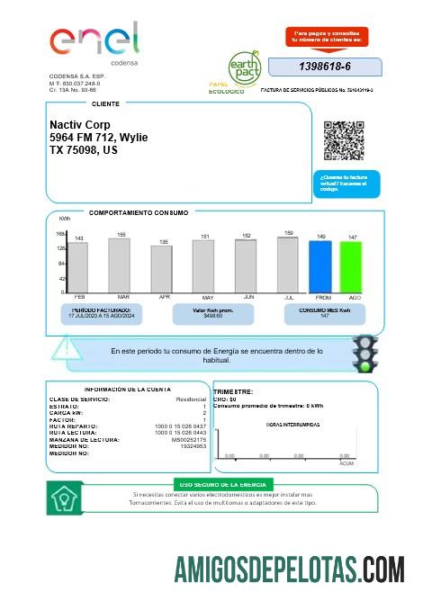 imprimível Modelo de conta de serviços públicos de energia ENEL da Colômbia em formatos Word e PDF